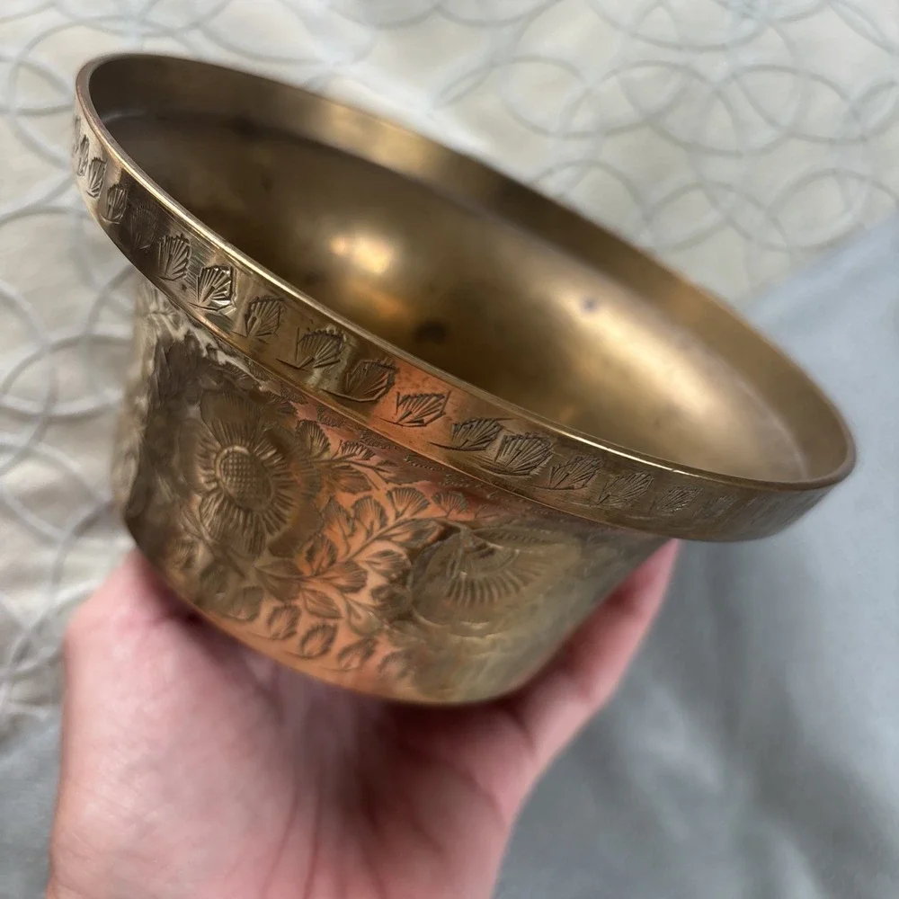 Vintage MCM Etched Brass Bowl Planter Trinket Dish Nice Patina 2.5